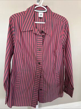 CAbi Red and Gray Striped Button Front Blouse